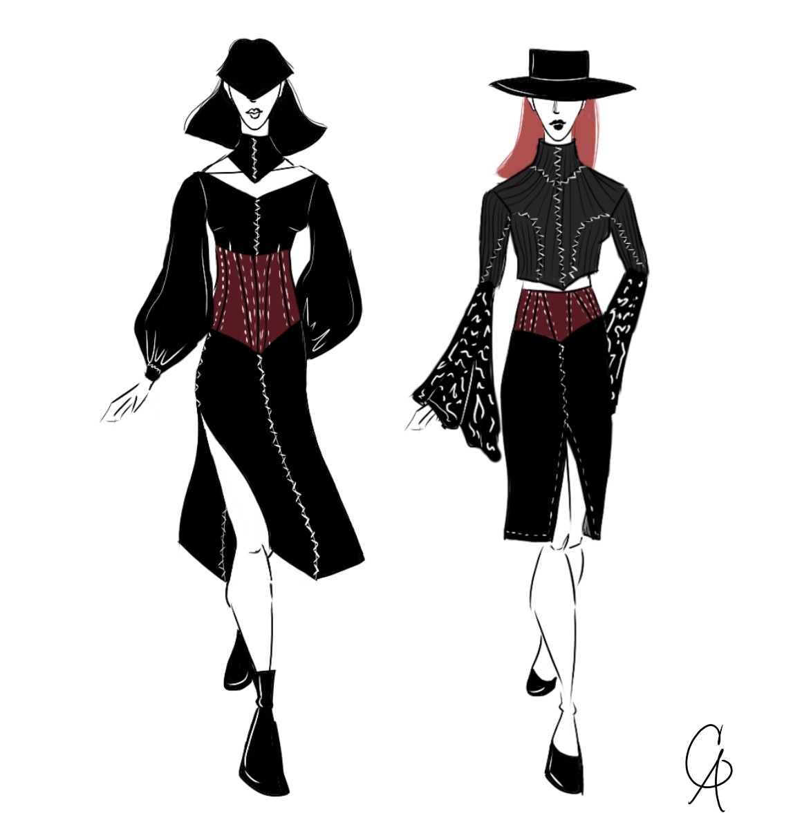 Digital Illustration of Look 4 and Look 5 from the Behind the Mirror Collection, titled Mirage and Uncanny Gloom respectfully. These outfits are not featured in the fashion film.
