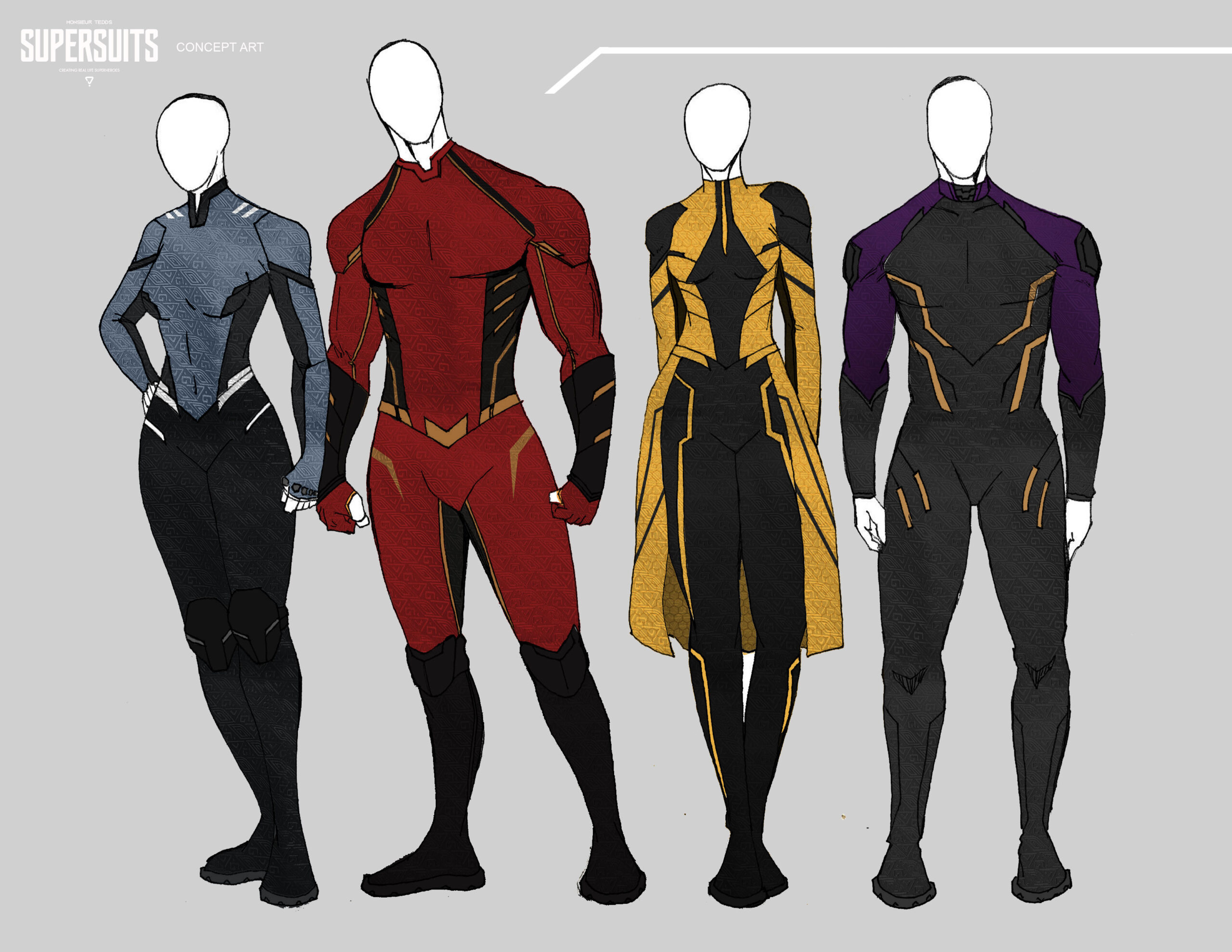 Initial conceptual sketches of the Supersuit designs. Some of the very first things that arose from these were really doing what i've always wanted to make, which are very much in the vein of modernized superhero aesthetic and trying to find a way and integrate it to a more marketable way, so that was merging the idea of costumes and athletic wear.